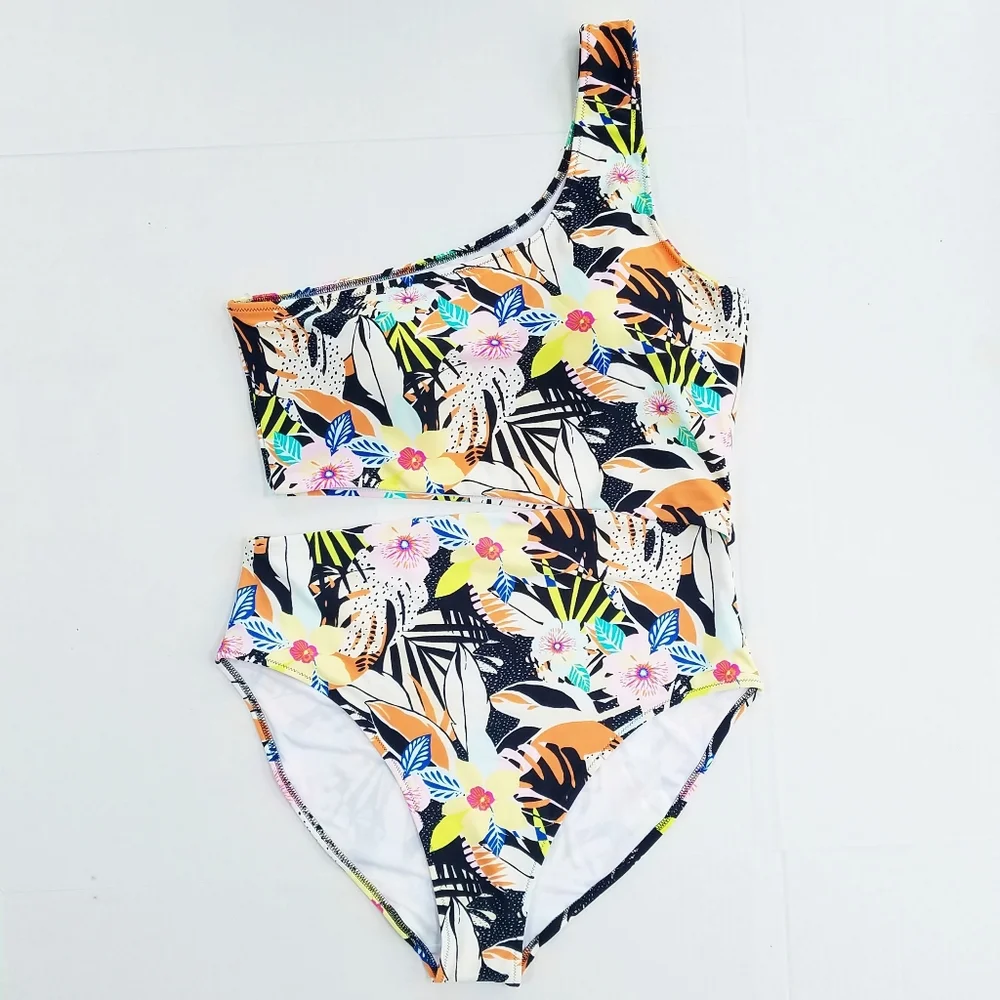 Old Navy One-Shoulder Side-Cutout One-Piece Tropical Print Swimsuit Size XL - Picture 3 of 10